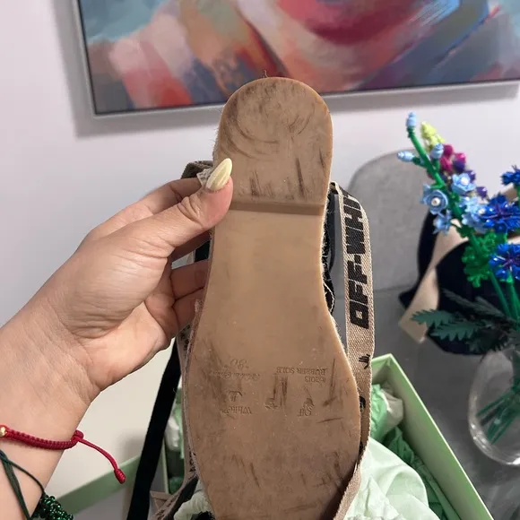 Off White Espadrille Sandals in Black and Tan