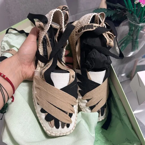 Off White Espadrille Sandals in Black and Tan