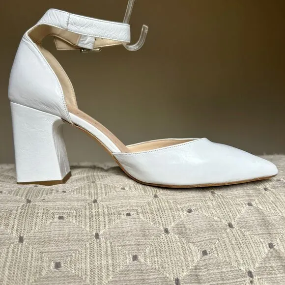 Office London White Leather Block Heel Pump Ankle Strap Pointed Toe EU 37 US 6.5