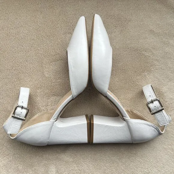 Office London White Leather Block Heel Pump Ankle Strap Pointed Toe EU 37 US 6.5