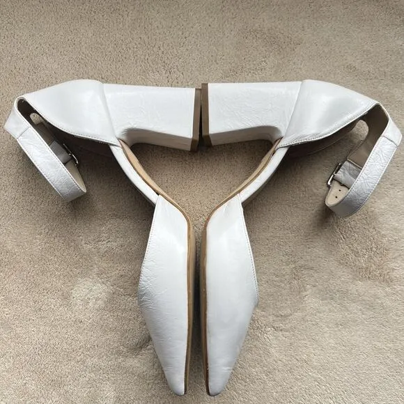 Office London White Leather Block Heel Pump Ankle Strap Pointed Toe EU 37 US 6.5