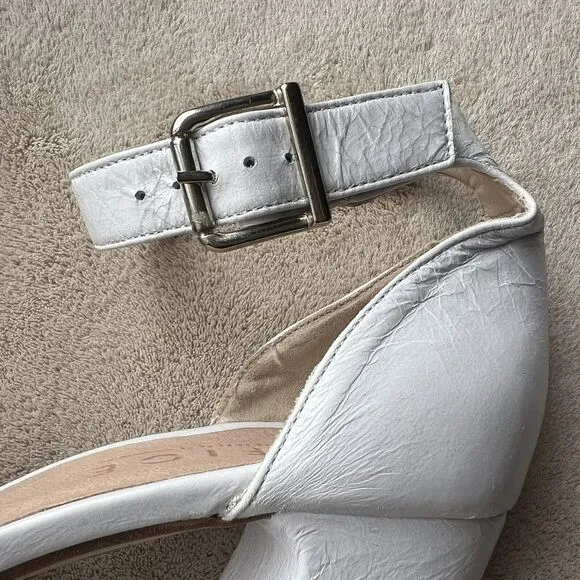 Office London White Leather Block Heel Pump Ankle Strap Pointed Toe EU 37 US 6.5