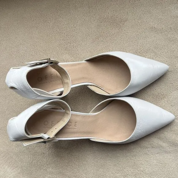 Office London White Leather Block Heel Pump Ankle Strap Pointed Toe EU 37 US 6.5