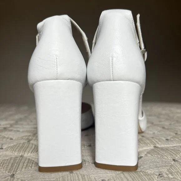 Office London White Leather Block Heel Pump Ankle Strap Pointed Toe EU 37 US 6.5