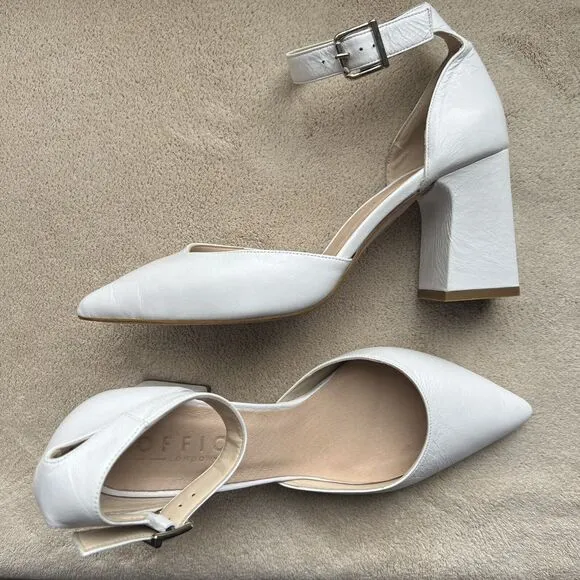 Office London White Leather Block Heel Pump Ankle Strap Pointed Toe EU 37 US 6.5