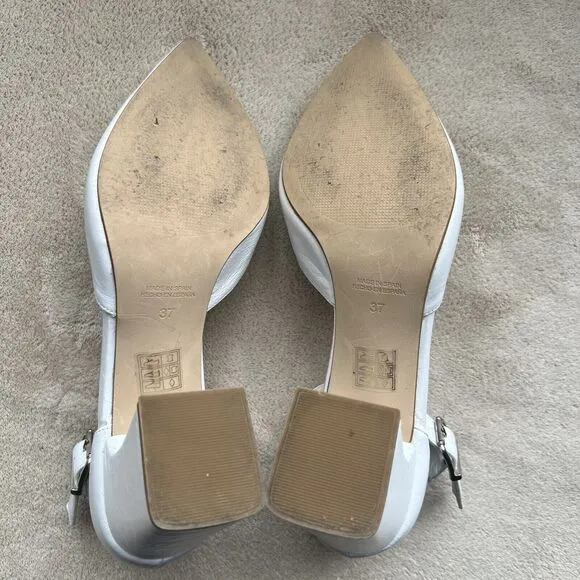 Office London White Leather Block Heel Pump Ankle Strap Pointed Toe EU 37 US 6.5