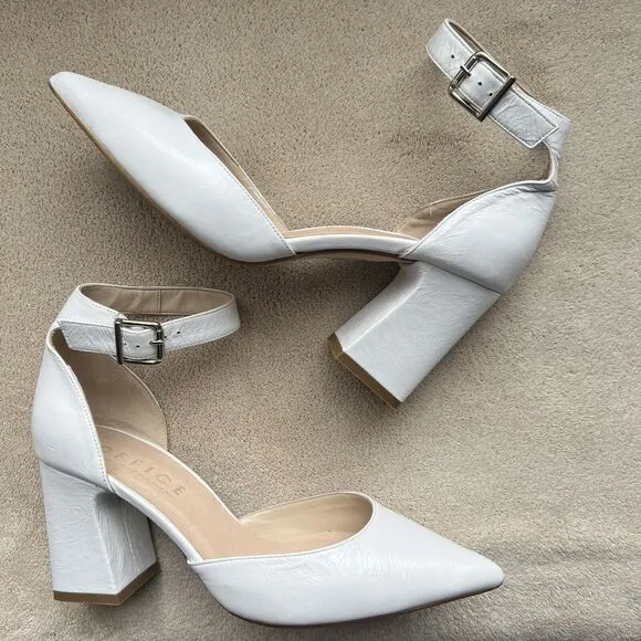Office London White Leather Block Heel Pump Ankle Strap Pointed Toe EU 37 US 6.5