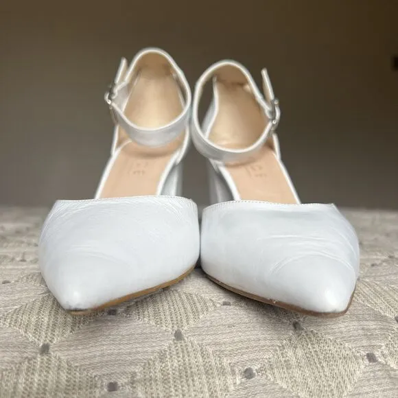 Office London White Leather Block Heel Pump Ankle Strap Pointed Toe EU 37 US 6.5