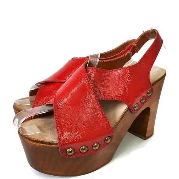 Ol'Autre Chose Red Platform Slingback Sandals Wood Heel Size 36 Made In Italy