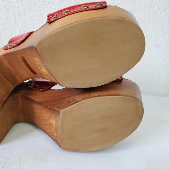 Ol'Autre Chose Red Platform Slingback Sandals Wood Heel Size 36 Made In Italy