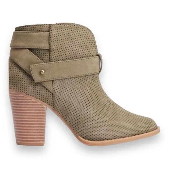 Olive Green Suede Crisscross Ankle Straps Rivets Wood Grain Heel Boots NEW