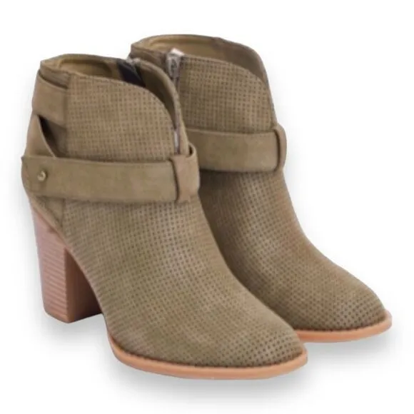 Olive Green Suede Crisscross Ankle Straps Rivets Wood Grain Heel Boots NEW