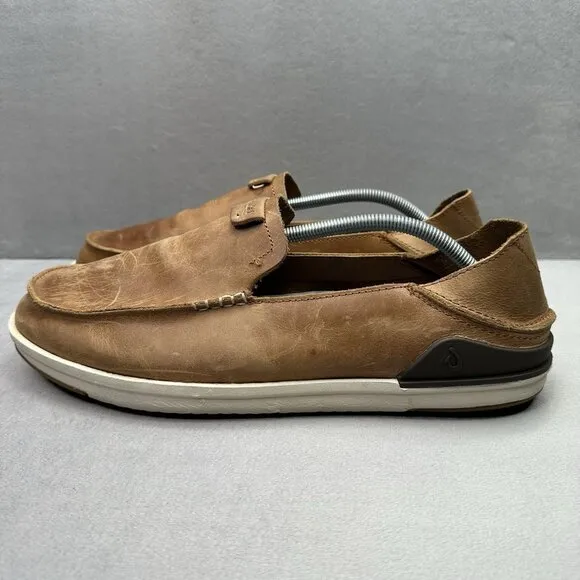 Olukai Kakaha Mens Size 13 Loafers Fox Brown Leather Drop-In Heel Slip-On Shoes