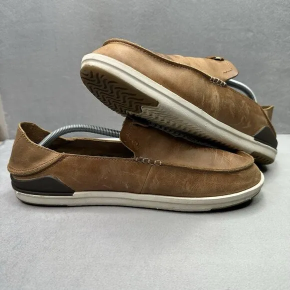 Olukai Kakaha Mens Size 13 Loafers Fox Brown Leather Drop-In Heel Slip-On Shoes