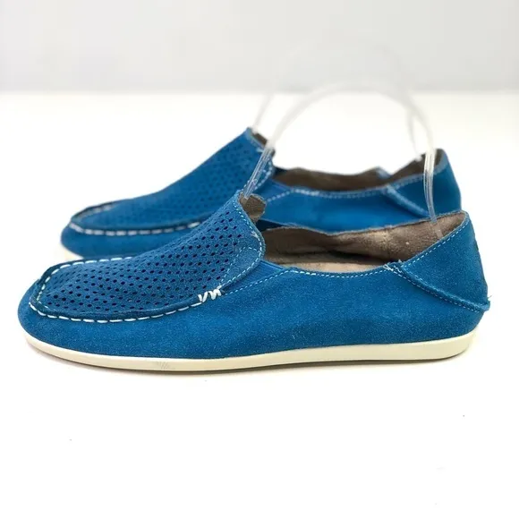 OluKai Nohea Perforated royal blue suede slip on loafers convertible heel size 7