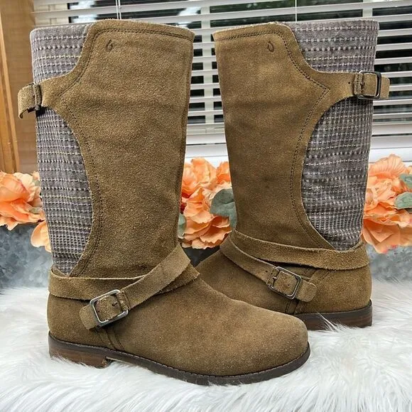 Olukai Pa'la Brown Leather BuckleStrap Riding Low Heel Boots Women Sz 8