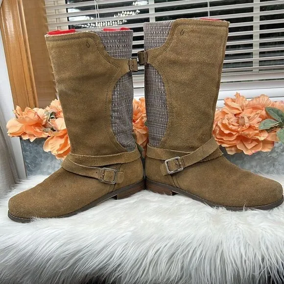 Olukai Pa'la Brown Leather BuckleStrap Riding Low Heel Boots Women Sz 8