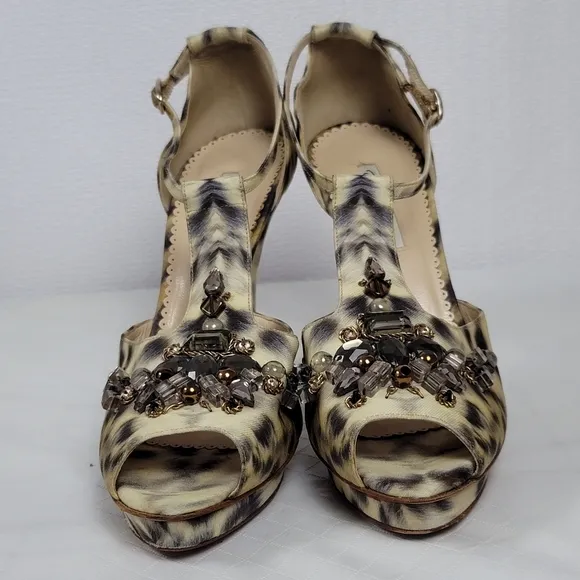 Oscar De La Renta Crystal Embellished Animal Print Platform Sandals 40