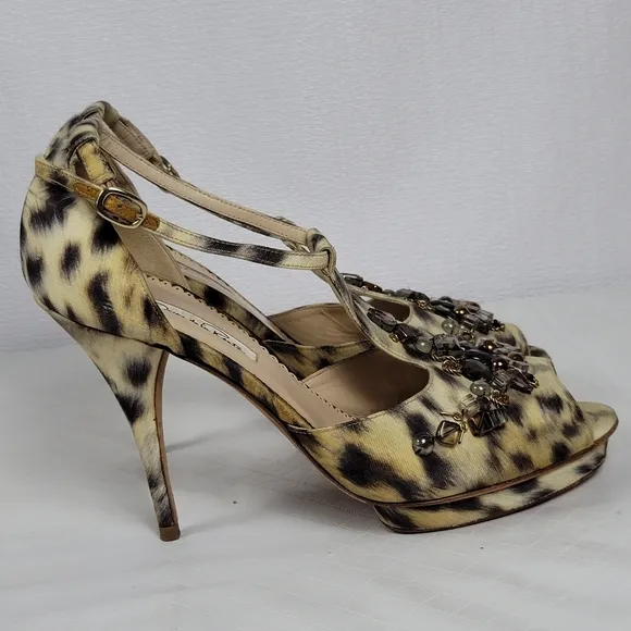 Oscar De La Renta Crystal Embellished Animal Print Platform Sandals 40