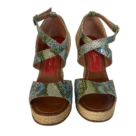 Paloma Barcelo Snakeskin 4” Funky Shape Espadrille Wedge Strap Sandals size 10
