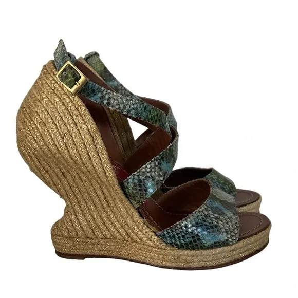 Paloma Barcelo Snakeskin 4” Funky Shape Espadrille Wedge Strap Sandals size 10