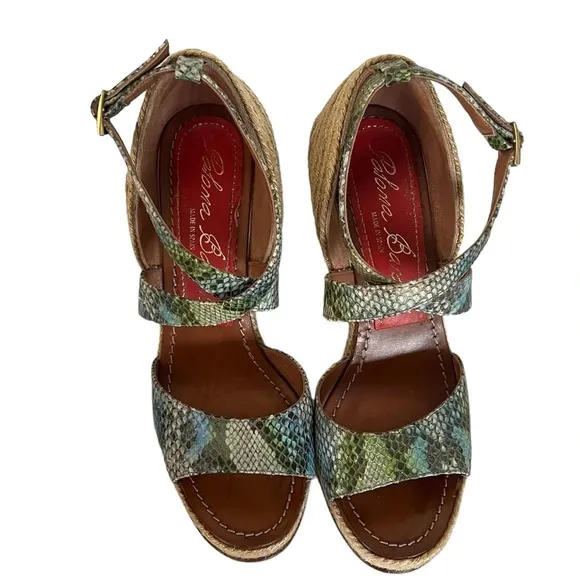 Paloma Barcelo Snakeskin 4” Funky Shape Espadrille Wedge Strap Sandals size 10