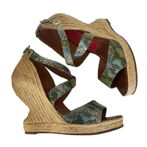 Paloma Barcelo Snakeskin 4” Funky Shape Espadrille Wedge Strap Sandals size 10