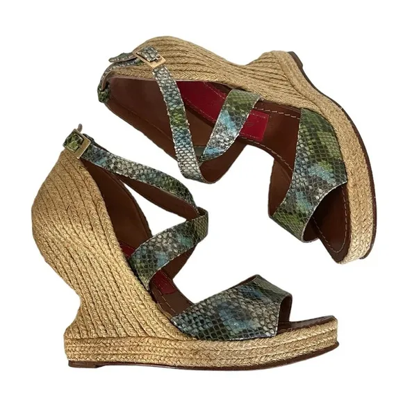 Paloma Barcelo Snakeskin 4” Funky Shape Espadrille Wedge Strap Sandals size 10