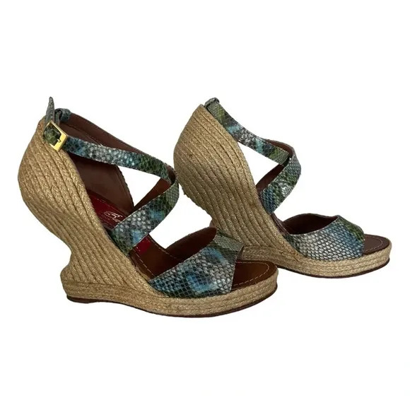 Paloma Barcelo Snakeskin 4” Funky Shape Espadrille Wedge Strap Sandals size 10