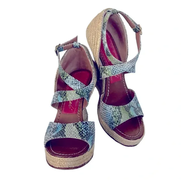 Paloma Barcelo Snakeskin 4” Funky Shape Espadrille Wedge Strap Sandals size 10