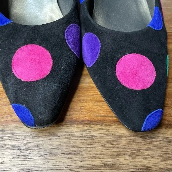 Paloma Italy Vtg 80's Black Suede Color-block Polkadots Comma Heel Disco Era 7.5