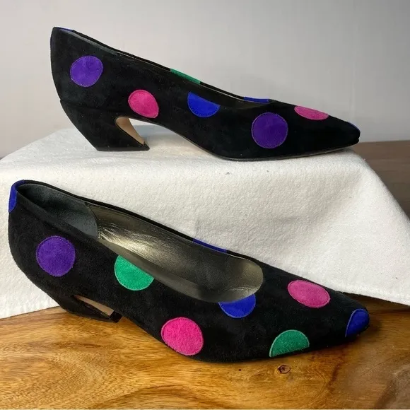 Paloma Italy Vtg 80's Black Suede Color-block Polkadots Comma Heel Disco Era 7.5