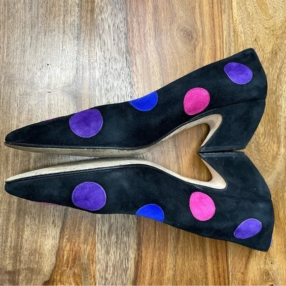 Paloma Italy Vtg 80's Black Suede Color-block Polkadots Comma Heel Disco Era 7.5