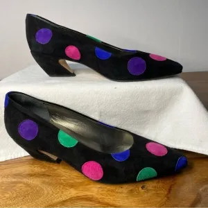 Paloma Italy Vtg 80's Black Suede Color-block Polkadots Comma Heel Disco Era 7.5