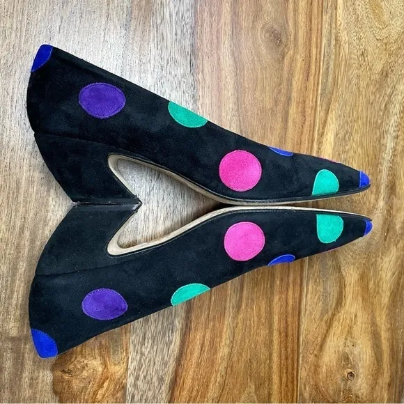 Paloma Italy Vtg 80's Black Suede Color-block Polkadots Comma Heel Disco Era 7.5