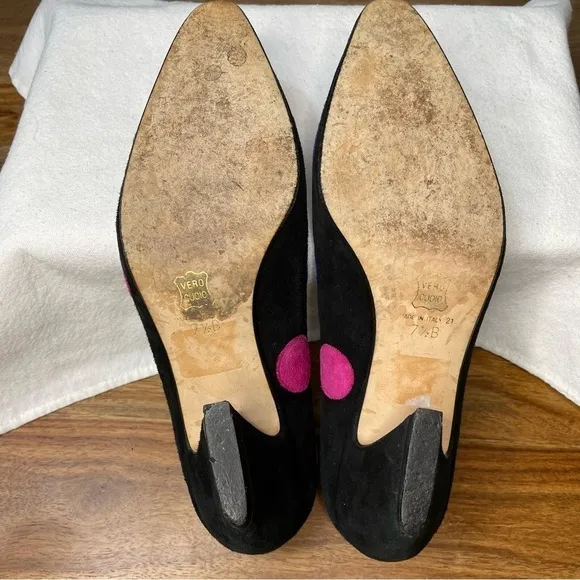 Paloma Italy Vtg 80's Black Suede Color-block Polkadots Comma Heel Disco Era 7.5