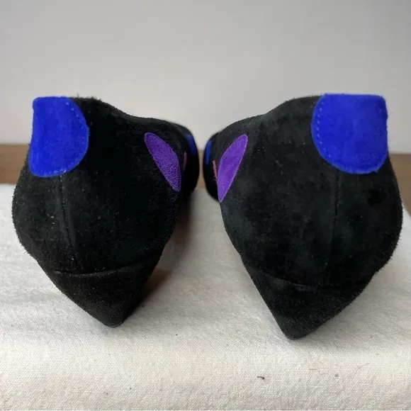 Paloma Italy Vtg 80's Black Suede Color-block Polkadots Comma Heel Disco Era 7.5
