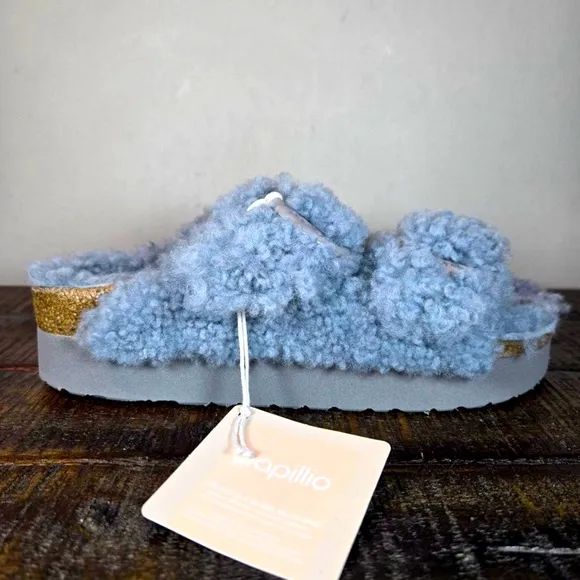 Papillio by Birkenstock Teddy Sherling Blue Platform Big Buckle Sandals
