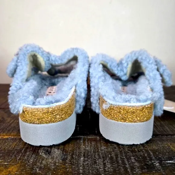 Papillio by Birkenstock Teddy Sherling Blue Platform Big Buckle Sandals