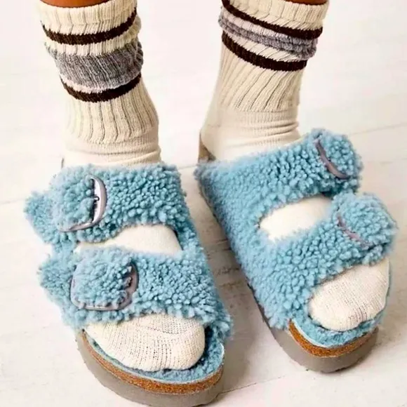 Papillio by Birkenstock Teddy Sherling Blue Platform Big Buckle Sandals