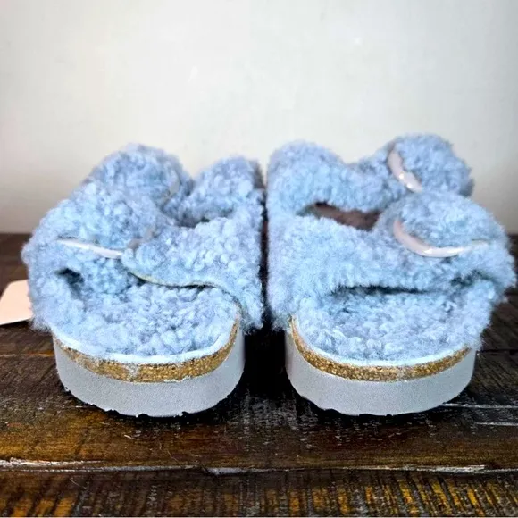 Papillio by Birkenstock Teddy Sherling Blue Platform Big Buckle Sandals