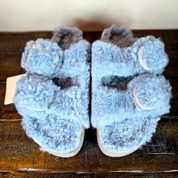Papillio by Birkenstock Teddy Sherling Blue Platform Big Buckle Sandals