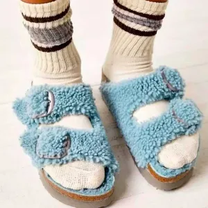 Papillio by Birkenstock Teddy Sherling Blue Platform Big Buckle Sandals