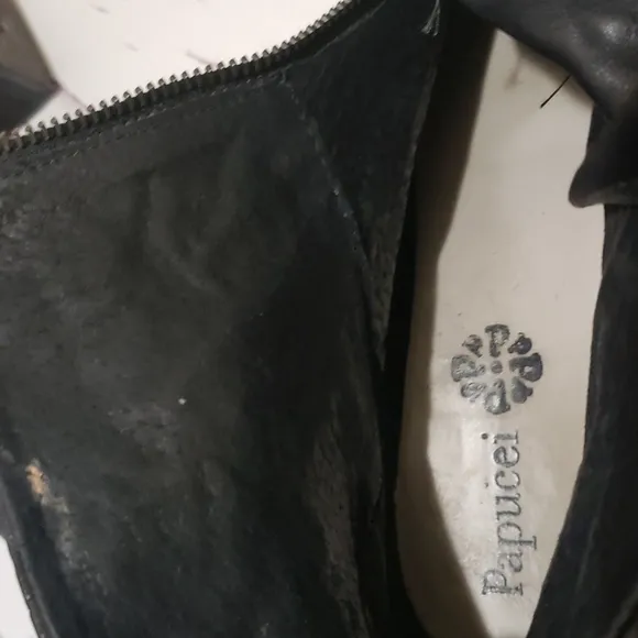 Papucei textured black leather full front zip block low heel women boots size 39