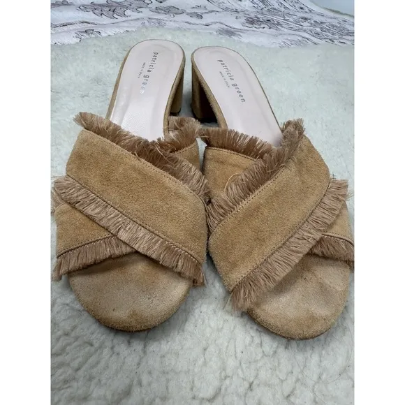 Patricia Green Kate Fringe Slide Block Heel Shoes Boho Tan Linen Sandals Size 11