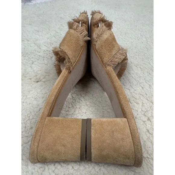 Patricia Green Kate Fringe Slide Block Heel Shoes Boho Tan Linen Sandals Size 11