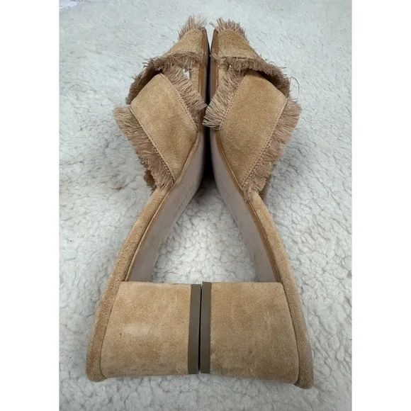 Patricia Green Kate Fringe Slide Block Heel Shoes Boho Tan Linen Sandals Size 11