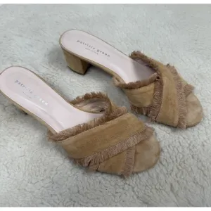 Patricia Green Kate Fringe Slide Block Heel Shoes Boho Tan Linen Sandals Size 11