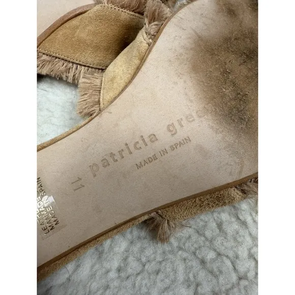 Patricia Green Kate Fringe Slide Block Heel Shoes Boho Tan Linen Sandals Size 11