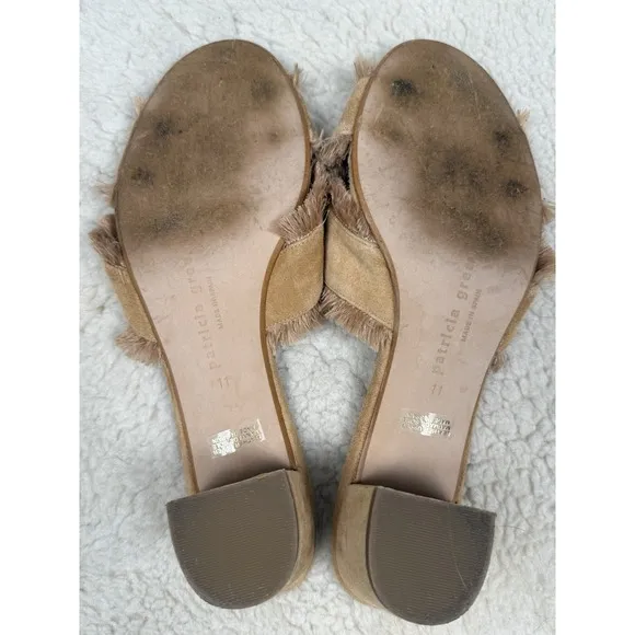 Patricia Green Kate Fringe Slide Block Heel Shoes Boho Tan Linen Sandals Size 11
